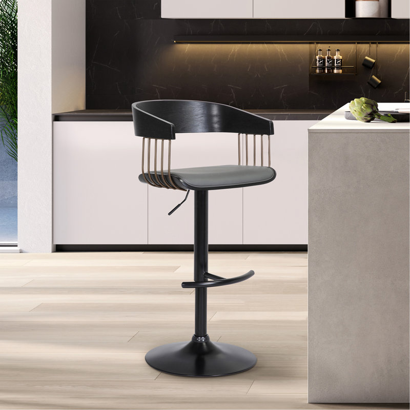 Adjustable Black Wood Bar Stool In Gray Faux Leather With Golden Bronze And Black Metal