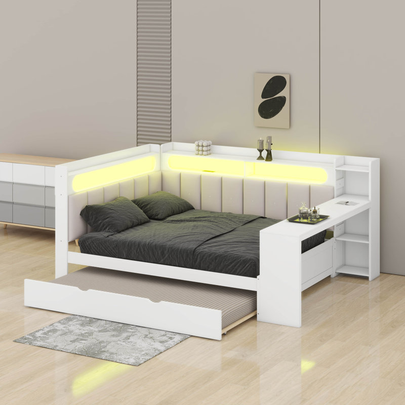 Full Size Multi-Function Daybed With Storage Drawers And Built-In Shelves & Desk, Corner Bed Frame With LED Light