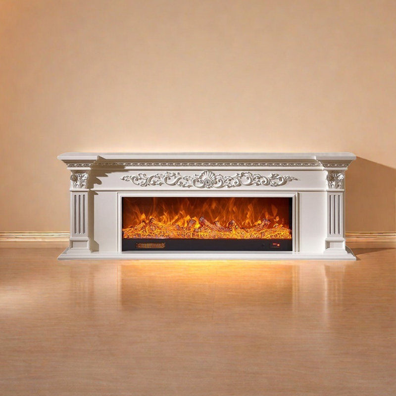 Three-dimensional carving craft fireplace, 27.55" H x 78.74" W x 12.99" D, White