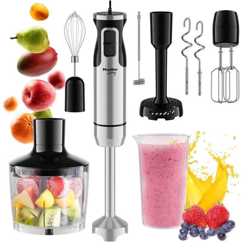 Ensemble complet de mélangeur à main MuellerLiving - Mélangeur à immersion à 8 vitesses, mélangeur à main avec 7 accessoires: lame en acier inoxydable, fouet, mousseur à lait, batteur, crochets à mélanger, presse-purée, bol à hacher