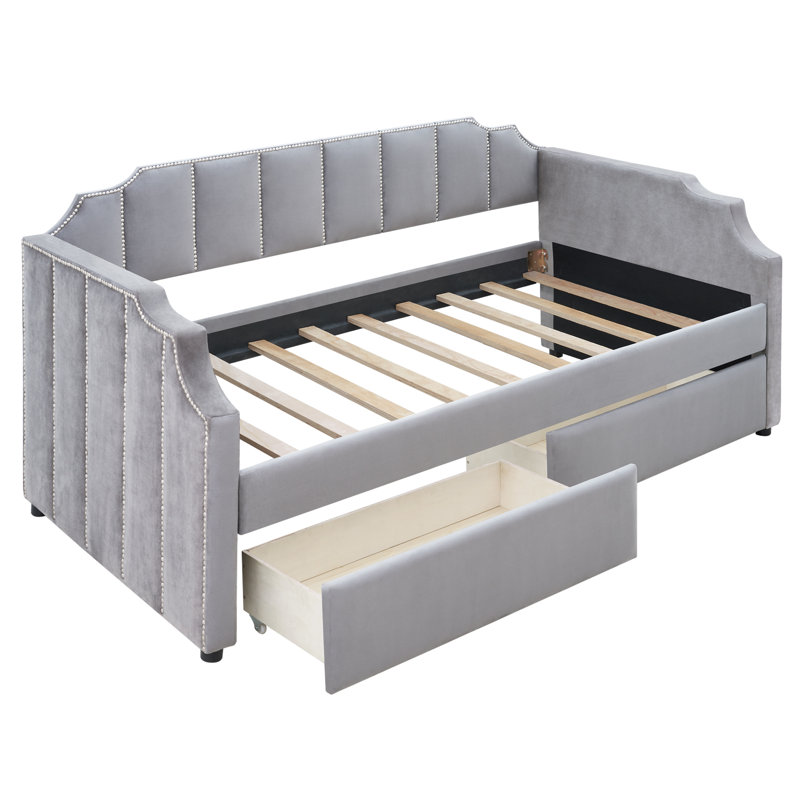 Lit de jour simple tapissier avec tiroirs, gris