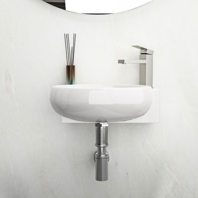 16X11 Inch Bathroom Sink, Ceramic, Wall Mounted, White, Stain , Construction 16.5L" X 11"W Ceramic Mount, Acid Faucet Hole Included