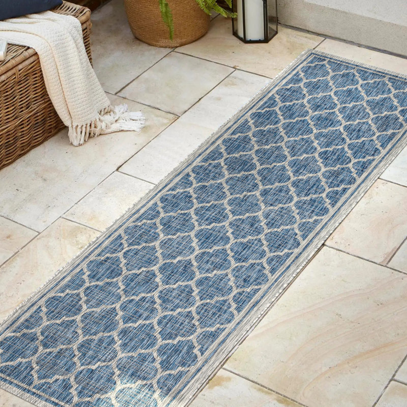 Hague Moroccan Trellis Textured Weave Navy/Gray Indoor/Outdoor Rug, Runner 2'2" x 10'