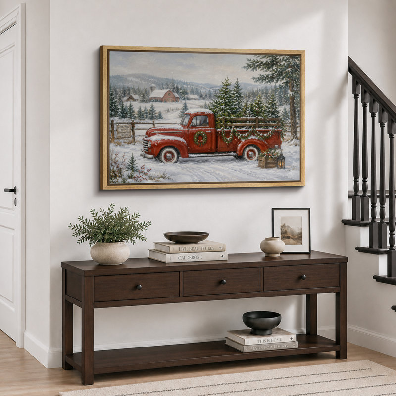 Illustration de camion de ferme d'hiver de Noël, images de vestibule, impression sur toile encadrée, Cadre naturel