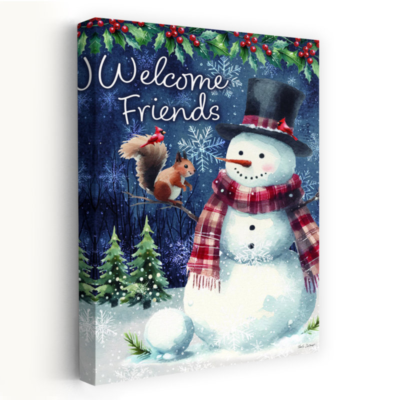 «Welcome Friends» bonhomme de neige fantaisiste, arbre de Noël contemporain, écureuil, forêt d'hiver, art, H 36 po x l 24 po