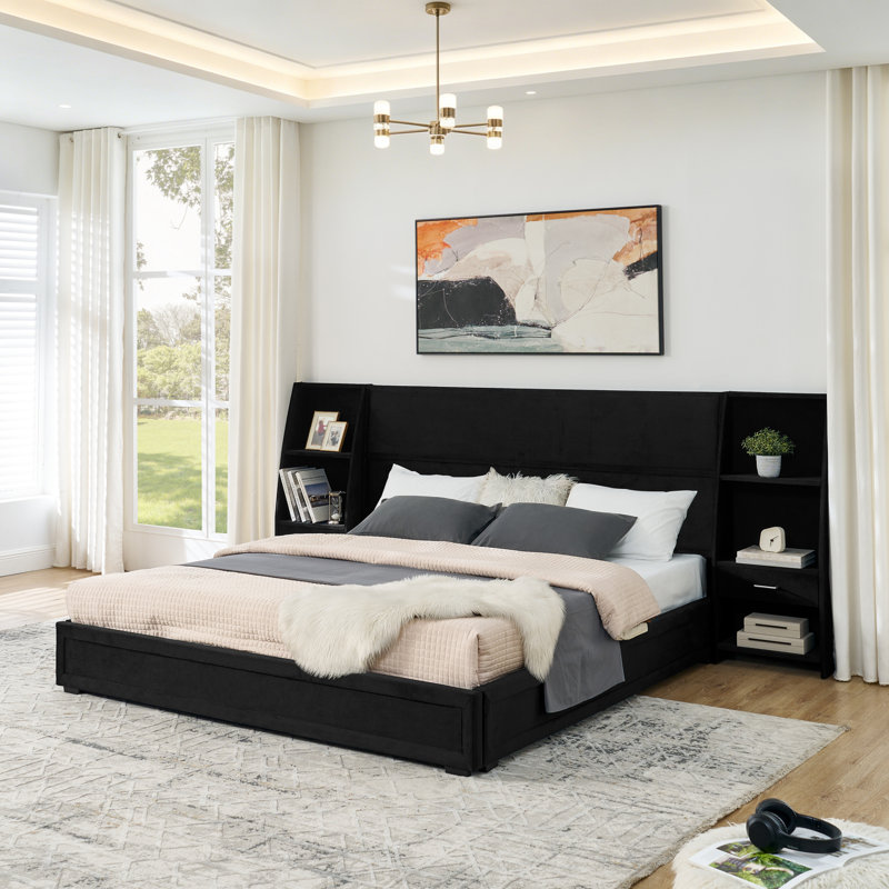Très grand lit avec rangement et cadre en panneau de fibres à densité moyenne, tête de lit en velours moderne pour maison compacte