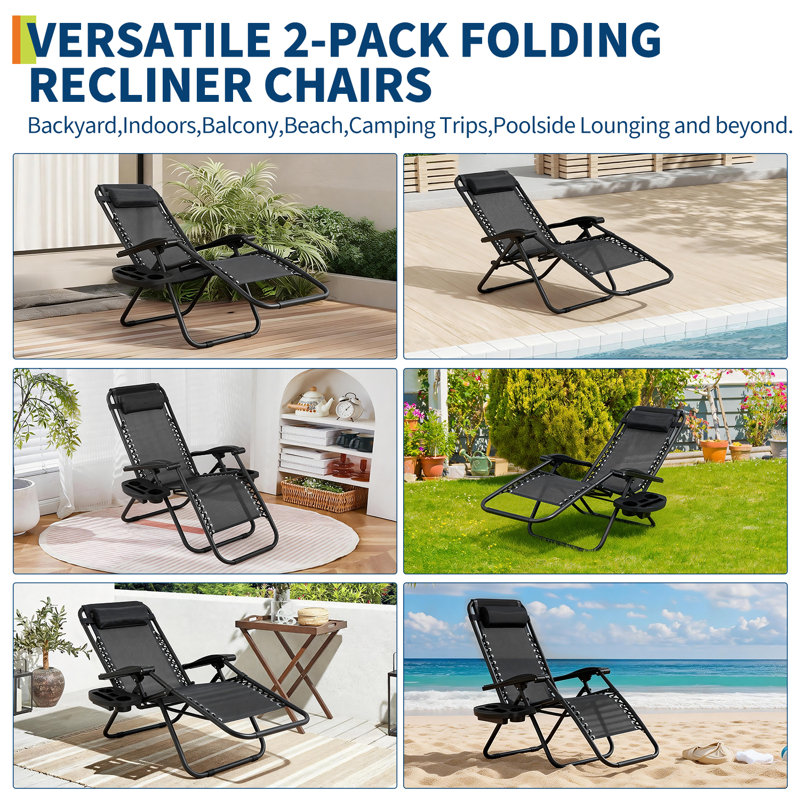 Patio Lounge Chairs Set of 2, Outdoor Recliner with Side Tray Headrest, Heavy Duty Steel Mesh Folding Chairs, Adjustable Portable