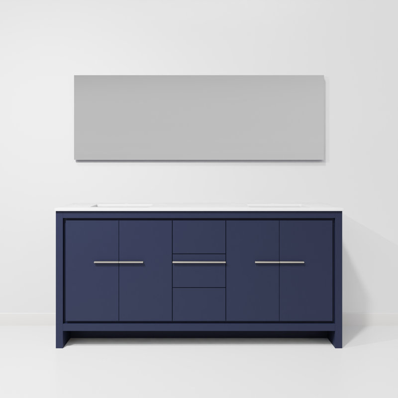 Lafarre 72" Double Bathroom Vanity Set with Mirror, Navy Blue, White Quartz