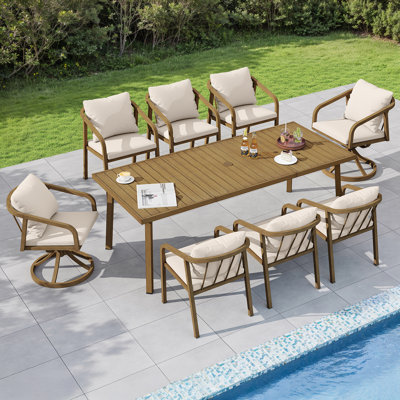 Ensemble de salle à manger d'extérieur en aluminium 9 pièces, comprenant 8 chaises pivotantes et fixes avec coussins, une table rectangulaire avec trou pour parasol, mobilier de patio pour terrasses, patios et jardins, en teck.