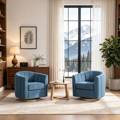 31.1'' Wide Chenille Upholstered Channel Tufted 360° Swivel Barrel Chair With Solid Wood Base(Set Of 2)