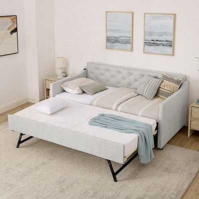 Twin Size Upholstery DayBed with Twin Size Pop-up Trundle and USB Charging