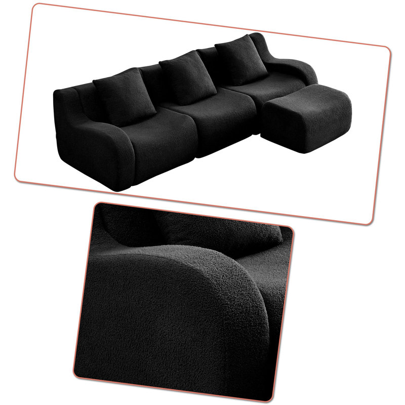 Canapé modulaire rembourré 3 places avec repose-pieds, Ours en peluche noir, H 35,43 po x l 115,33 po x P 65,73 po