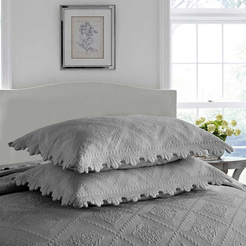 Ensemble 100% coton Tkemb broderie, Courtepointe très grand et 2 très grandes taies, Gris clair