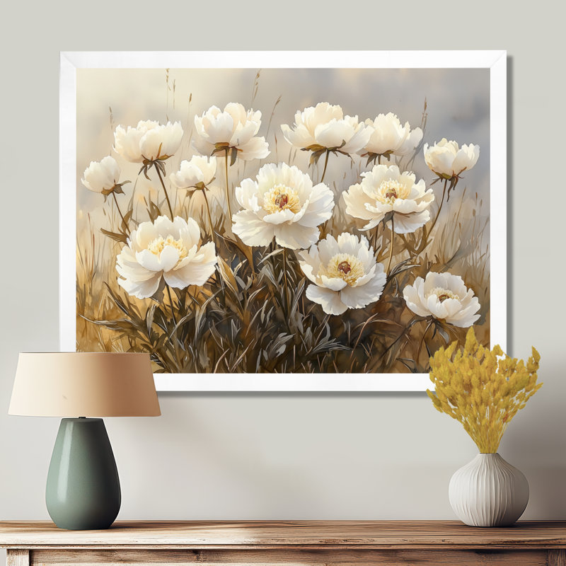 Drishti pivoines dans la brume de basse-cour II - pivoines, art mural large, Reproduction encadrée d'une seule photo, Blanc