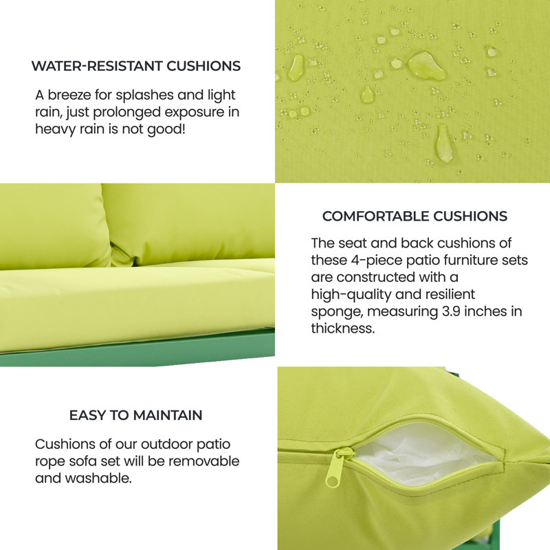 Ensemble de conversation d'extérieur pour 4 personnes avec coussins Xariya, Vert, Jaune fluo