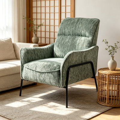 Modern Striped Fabric Accent Chair, Upholstered Single Armchair with Black Metal Frame, Comfy Padded Lounge Chair, Reading Side Chair for Living Room Bedroom Office, Green Textured Leisure Chair