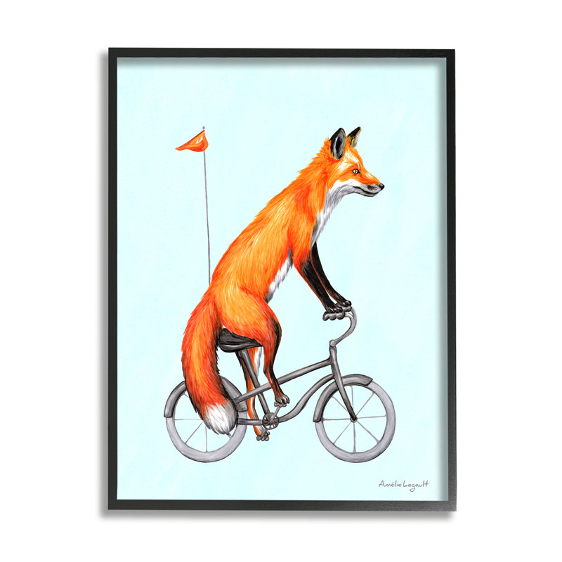 Renard roux excentrique sur un vélo à bicyclette, Giclée encadrée noir minuit, L 11 po x H 14 po