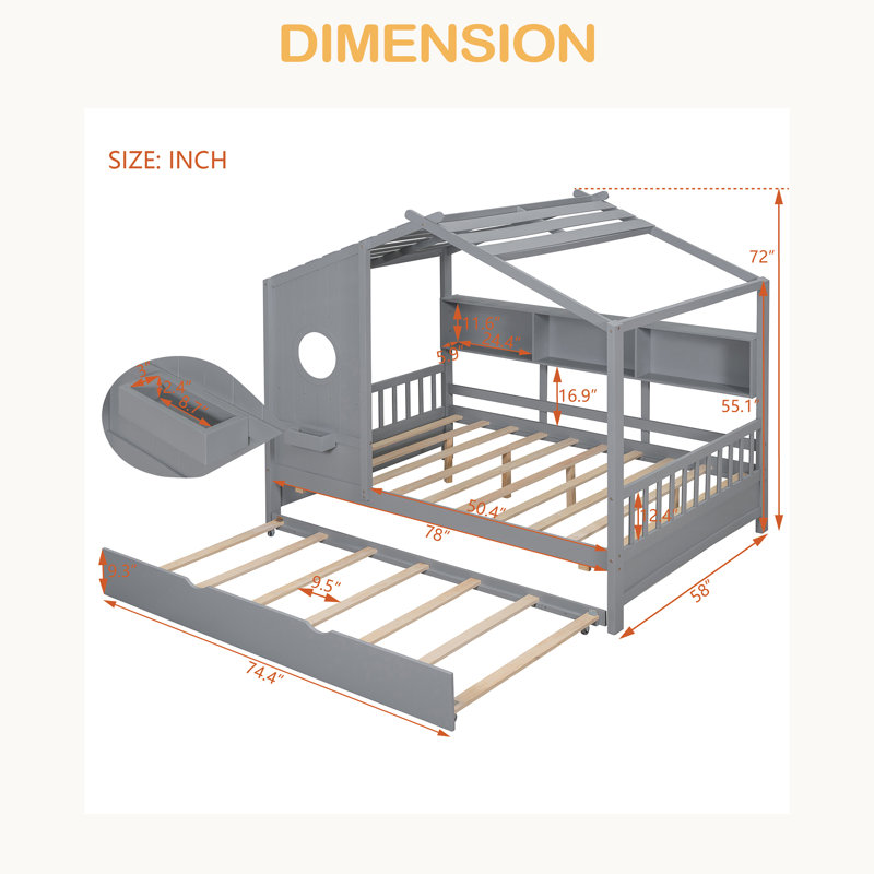 Lit maison avec lit gigogne, conception moderne pour enfants avec tablette de rangement, Lit double, Gris