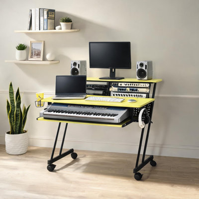 Computer Desk with Keyboard Shelf and Cable Management, 47-Inch Rectangular MDF and Steel Workstation in Jet Black and Yellow