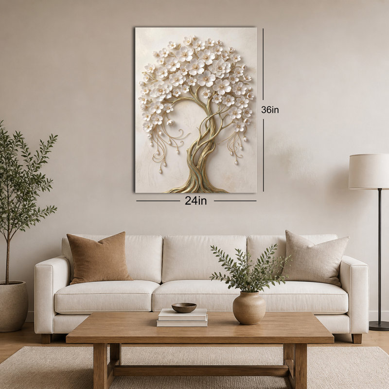 Glamour Golden White Floral Tree, impression sur toile tendue, 28 po x 40 po