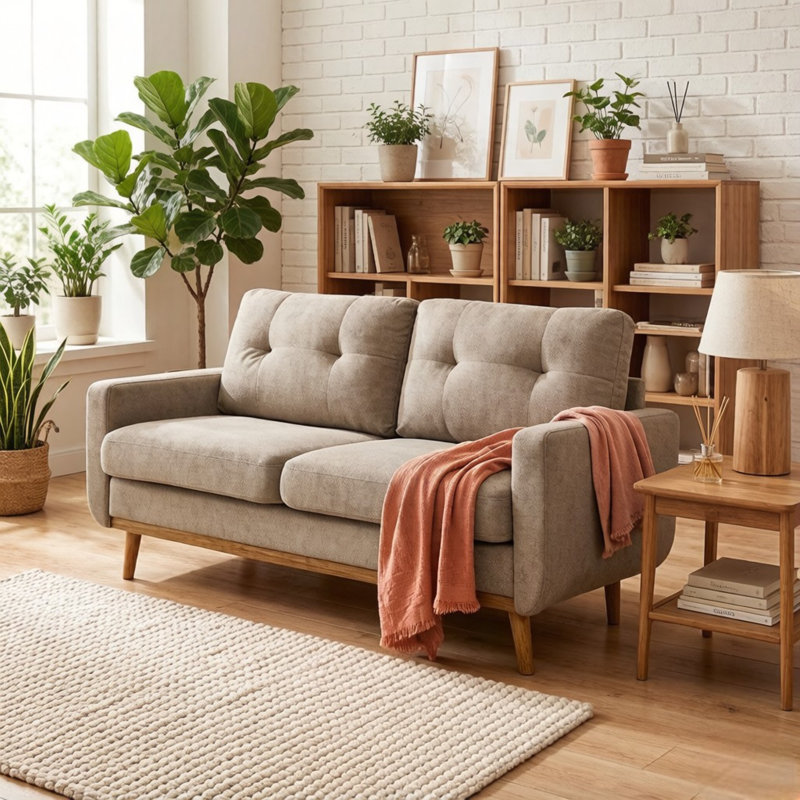Brooklington 67.7" Square Arm Loveseat with Wooden Legs (Legs Tone May Vary), Camel Polyester