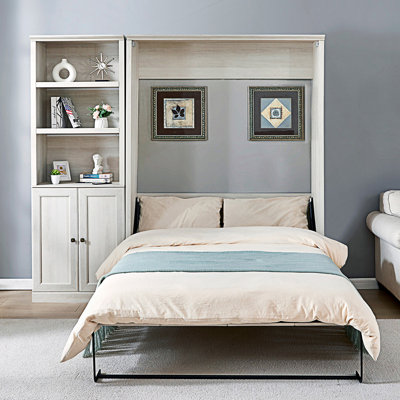 Lit escamotable pleine grandeur à fermeture et ouverture avec une armoire latérale et une tablette de rangement, cadre de lit