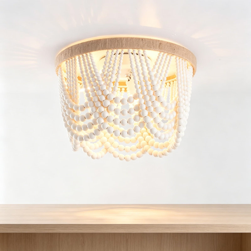 Plafonnier encastré bohémien en bois perlé, mini-lustre rustique antique avec finition blanche, homologué UL 3 lumières pour la chambre à coucher, la chambre de bébé, le couloir, le vestibule, la salle à manger