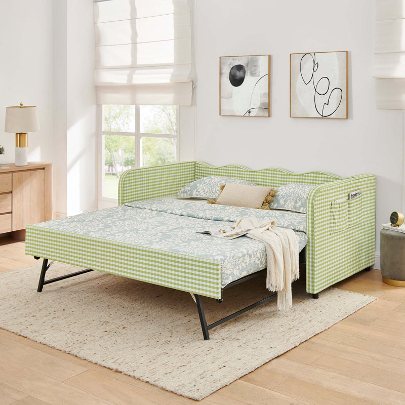 Lit de jour convertible polyvalent avec lit gigogne et rangement, Green