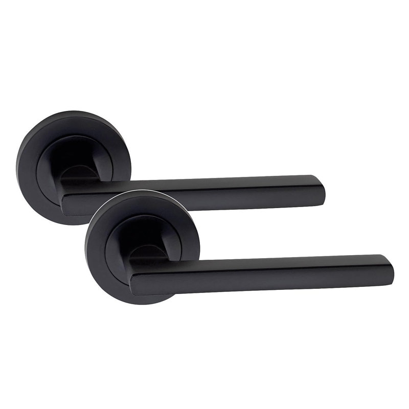  Leon Design Door Handles Set on Round Rose in Matt Black Finish with 64mm 3 Lever Mortise Lock and Key Hole