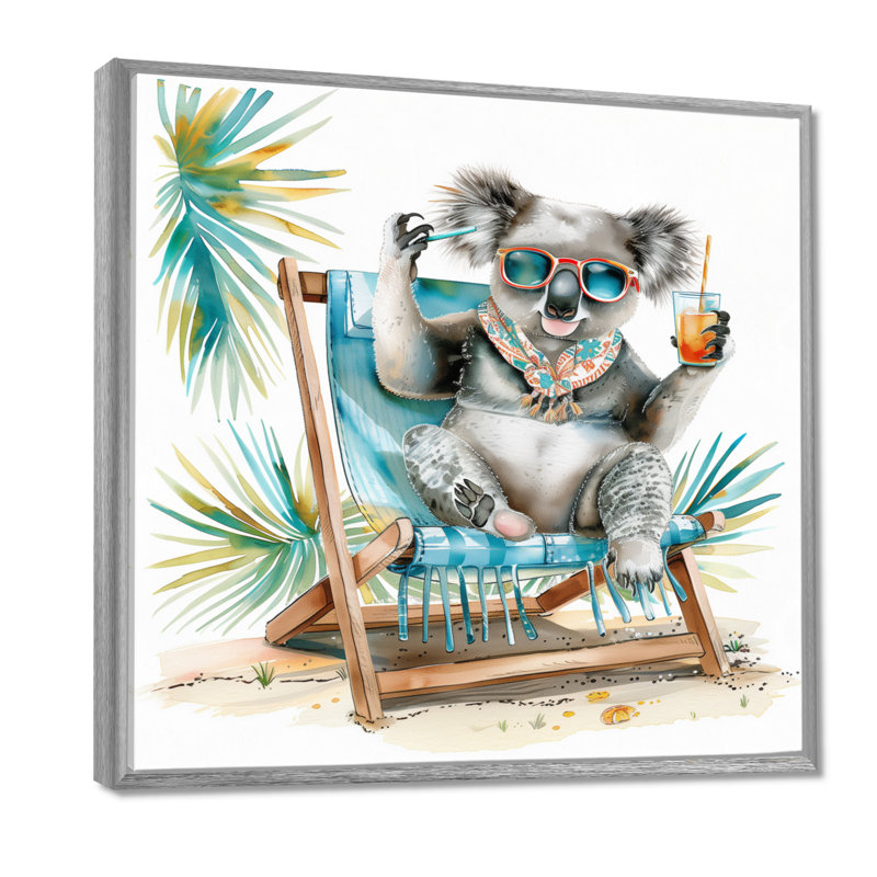 Adorable chaise de plage Koala relaxante - art mural animaux côtiers, Toile argentée avec cadre flottant