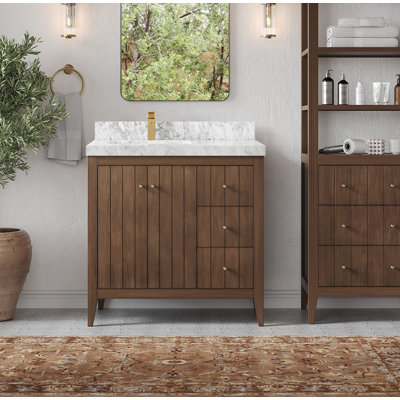 Atlanta Teak 36 In. W X 22 In. D Left Offset Sink Bathroom Vanity In Dark Natural With 2 In. Carrara Marble