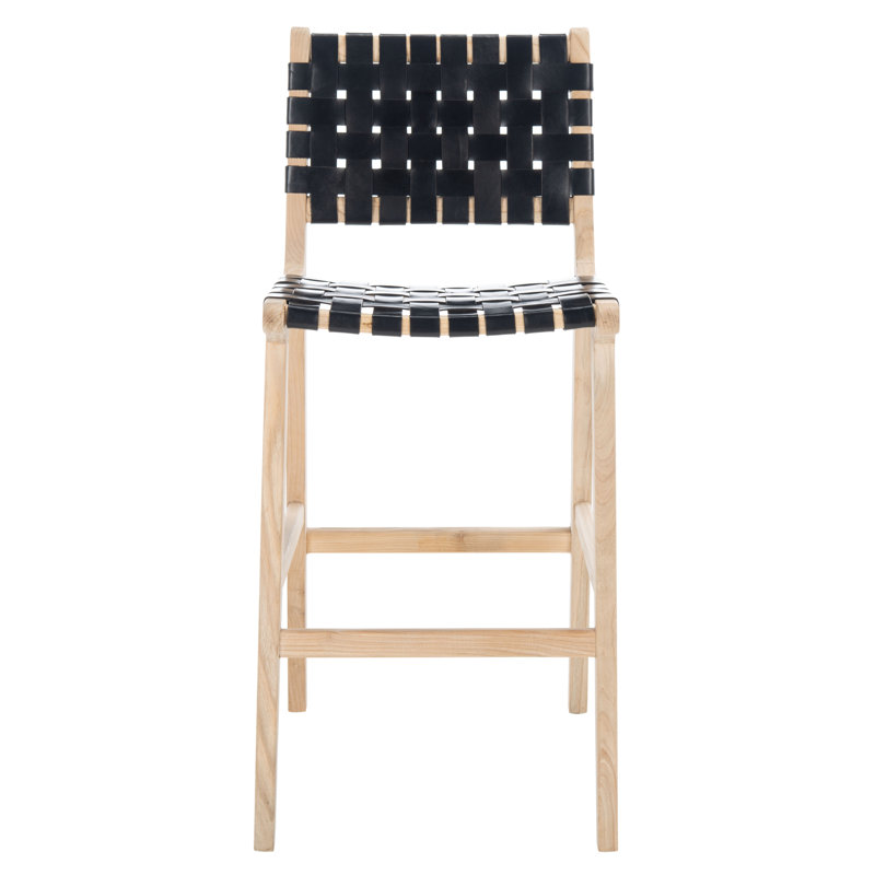 Tabouret Alston, Cuir noir / cadre naturel sans finition, Tabouret de bar (siège d'une hauteur de 29,70 po)