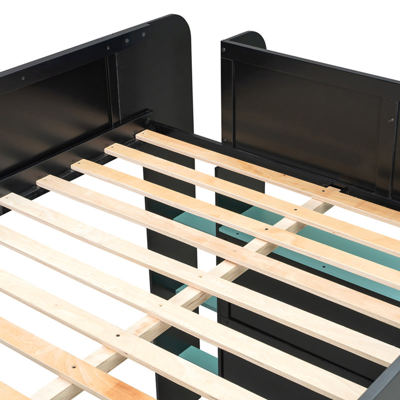 Lit double superposé en bois pleine grandeur avec bureau à hauteur réglable, garde-robe, grand espace de rangement et lumière RVB
