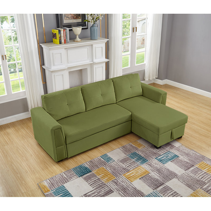 Blatnice 91" Wide Velvet Reversible Sleeper Sofa & Chaise with Storage, Green Velvet, Left Hand Facing/Right Hand Facing