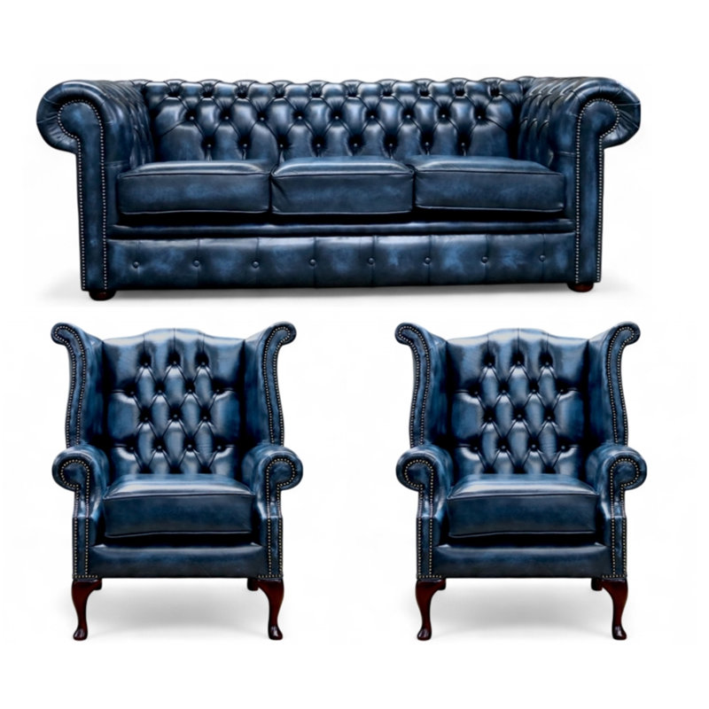 Chesterfield 3 Seater Sofa + 2 X Queen Anne Chairs Leather Sofa Suite Offer, Blue
