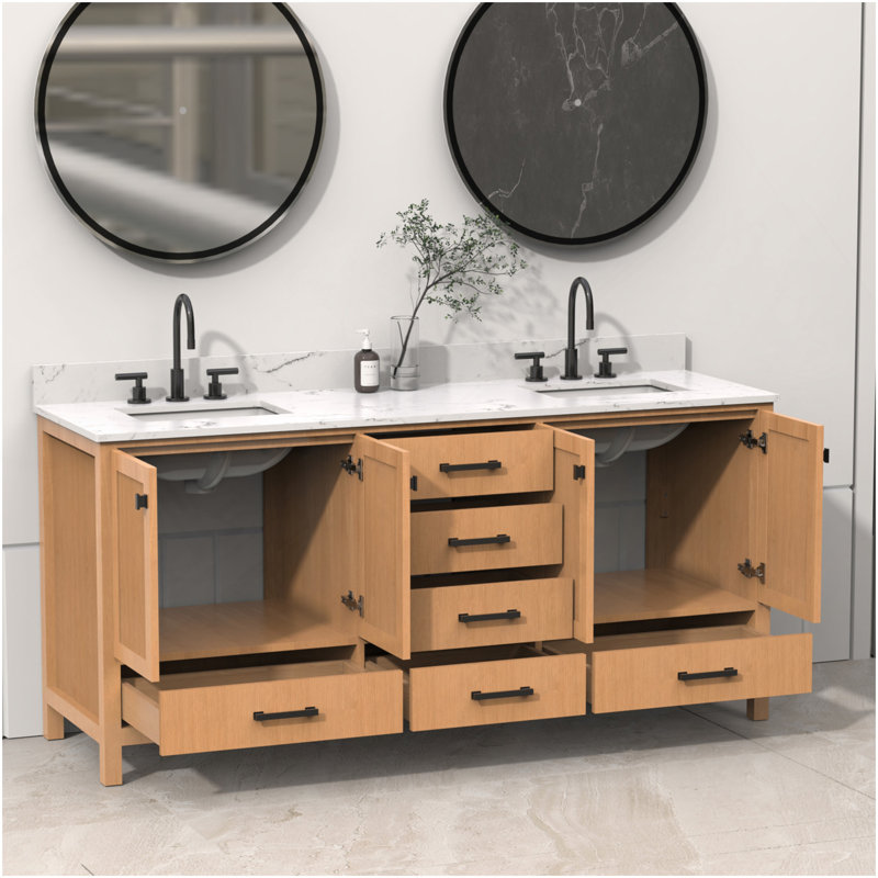 72'' Bathroom Vanity, Wood Frame Bathroom Storage Cabinet, Freestanding Vanity Top With Double Basin Natural Oak, Brown