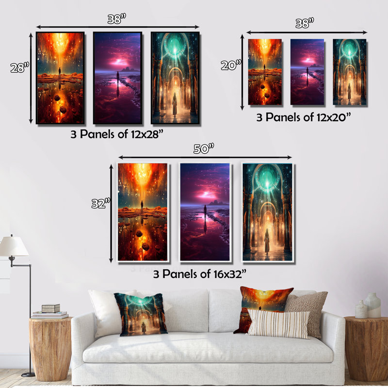 "Mystère de la révélation de l'ancienne Atlantide" - 3 pièces sur toile, Cadre flottant doré, H 20 po x l 36 po