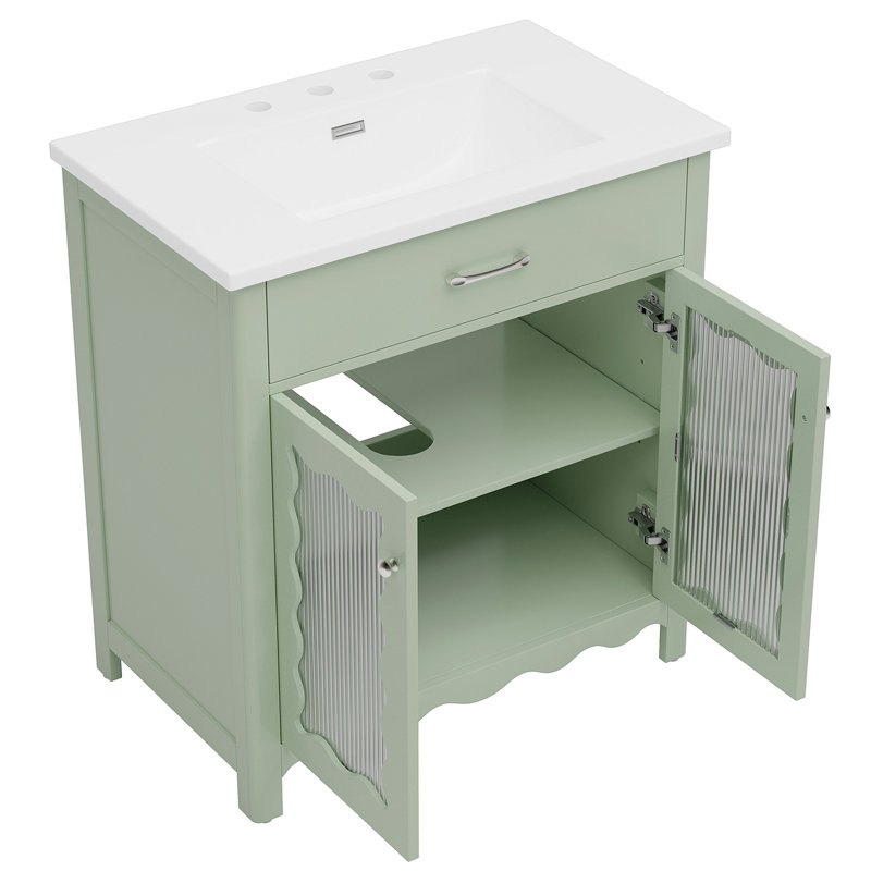 Meuble-lavabo de 31 po avec verre trempé, armoire de salle de bain moderne avec pieds en bois d'hévéa et portes à fermeture en douceur