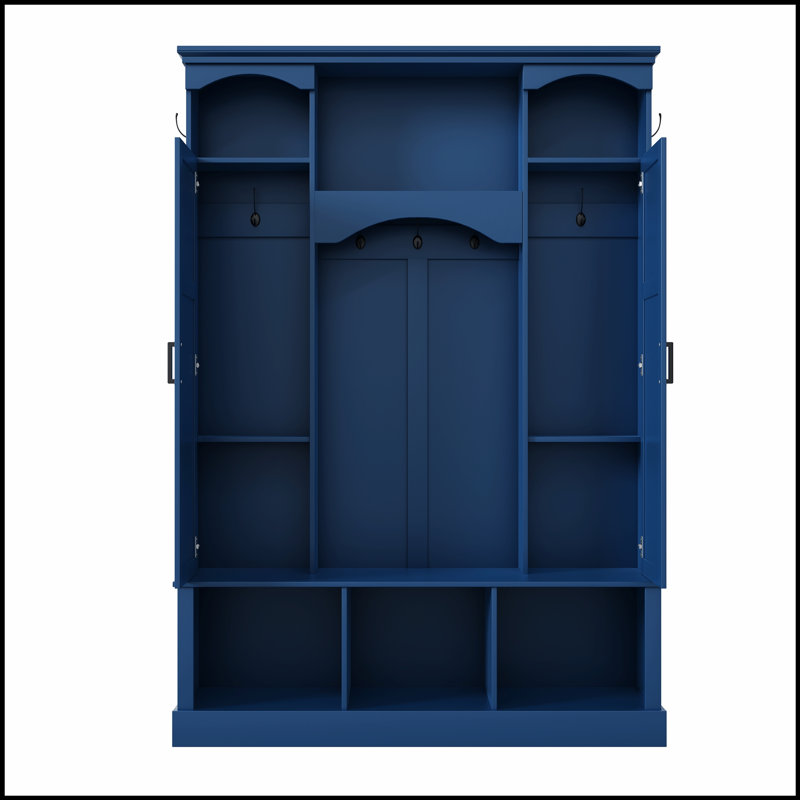 Portemanteau moderne tout-en-un avec tablettes réglables, banc de rangement de style campagnard arqué classique avec armoires latérales doubles, organisateur de hall d'entrée élégant avec 7 crochets pour vestibule, couloir