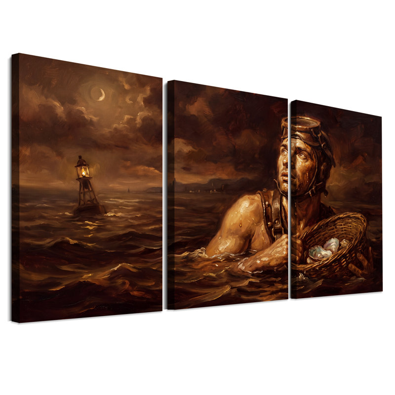 Ensemble de 3 toiles rétro "Diver tenant un panier au clair de lune", H 36 po x l 24 po x 3 pièces