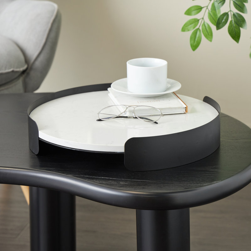 Cole And Grey Marble Round Living Room Decor Tray With Black Metal Frame, 3.3" H x 18.85" W x 18.85" D