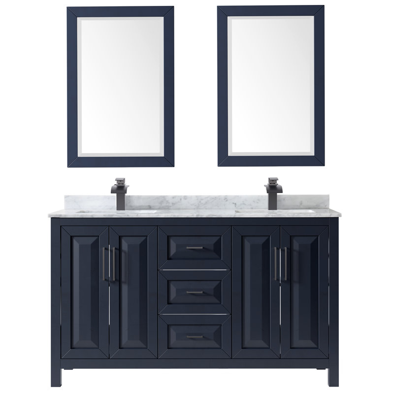 Daria 60'' W Double Vanity, Carrara Cultured Marble, Dark Blue, Matte Black
