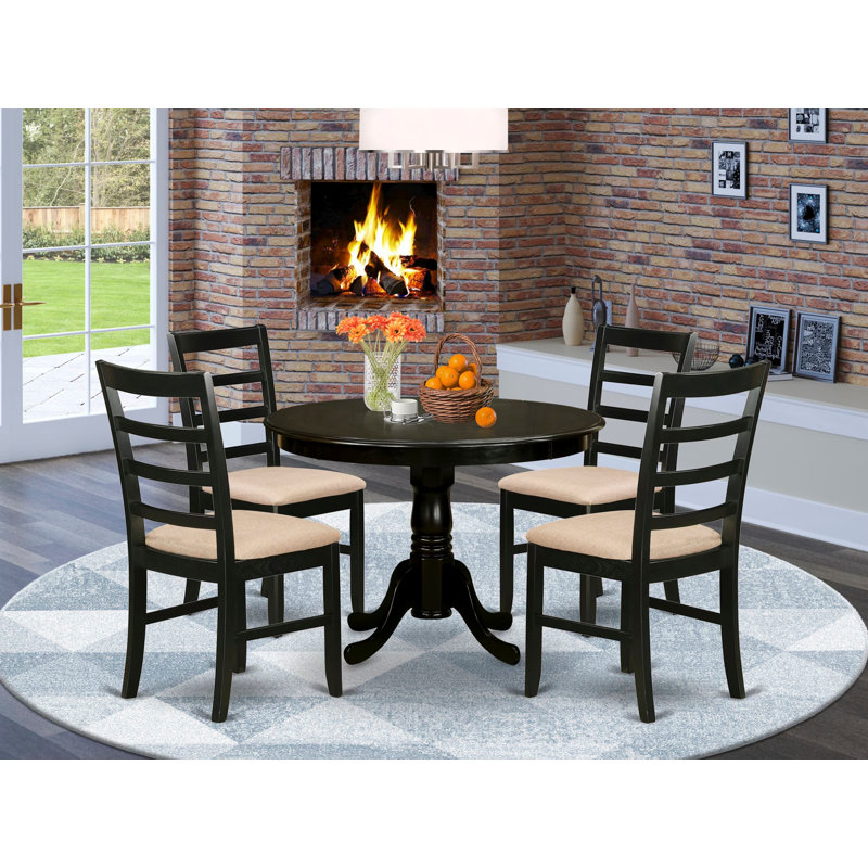 5 Piece Dinette Set for 4 Includes a Round Dining Table with Pedestal and 4 Linen Fabric Kitchen Dining Chairs, Cappuccino