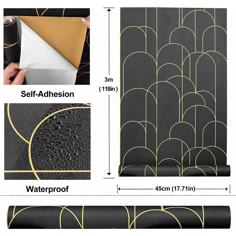 Geometric Wallpaper 17.71 in X 275 in Self-Adhesive Removable Wallpaper Matte Wallpaper Easy to Line, Black