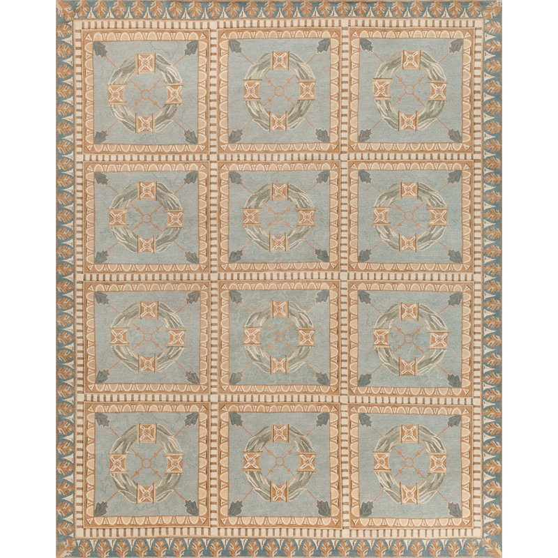 Classic Hand Knotted Wool Geometric Area Rug, Rectangle 10' x 14'