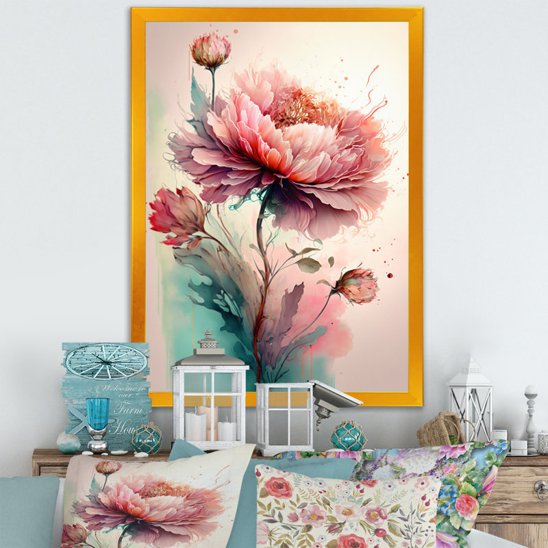Pivoine rose vif Lozier - reproduction sur toile, H 32 po x l 16 po x P 1 po, Impression dorée sur toile encadrée