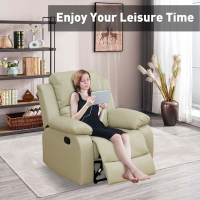 Faux Leather Recliner, Beige Leather Armchair, Single Recliner, Suitable For Living Room, Bedroom, Office