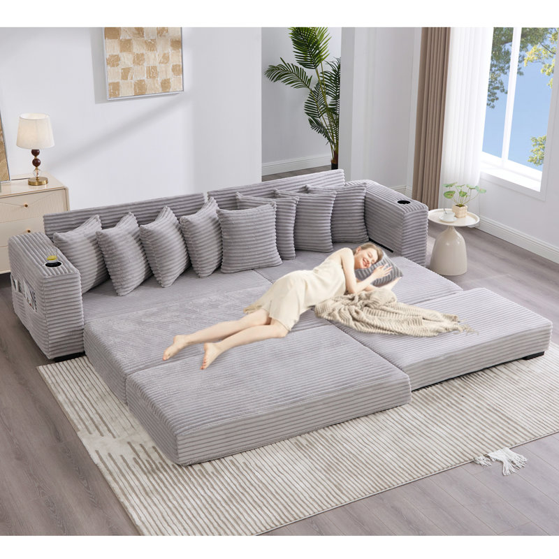 110.75" Modular L Shaped Sofa, Corduroy Fabric Sectional Couch,With A Movable Footstool, Cup Holders,Bring 8 Throw Pillows,Side Pocket,Unfold Into A Bed,Light Gray