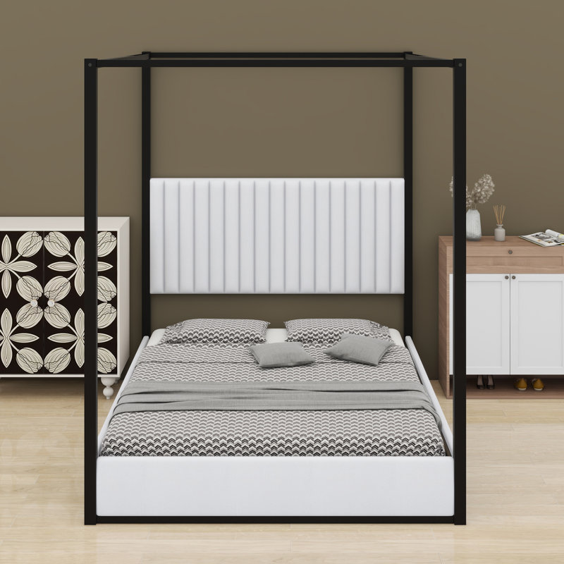 Lit plateforme à baldaquin avec tête de lit et structure robuste
