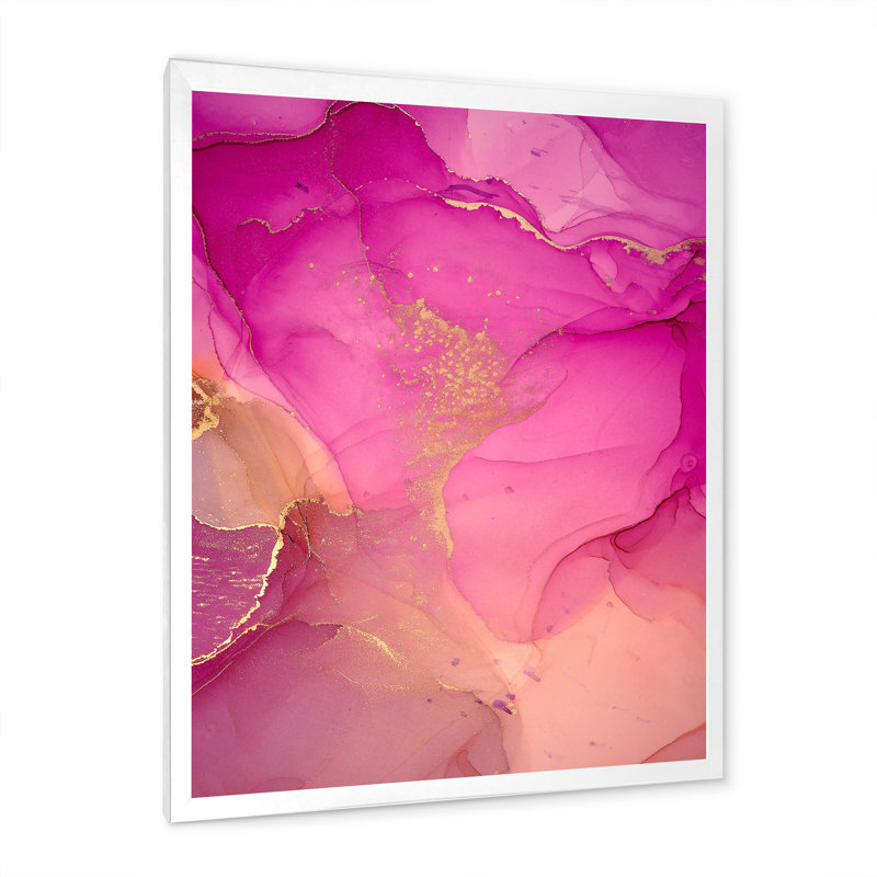 «Pink and Gold Ink Clouds», reproduction d'art sur toile abstraite, H 32 po x l 16 po x P 1 po, Cadre photo blanc